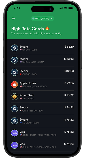 Apexpay mobile app showing high rates for gift cards