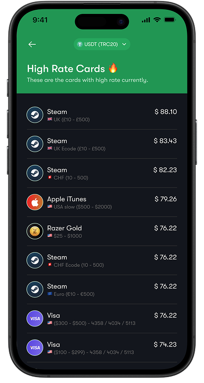 Apexpay mobile app showing high rates for gift cards